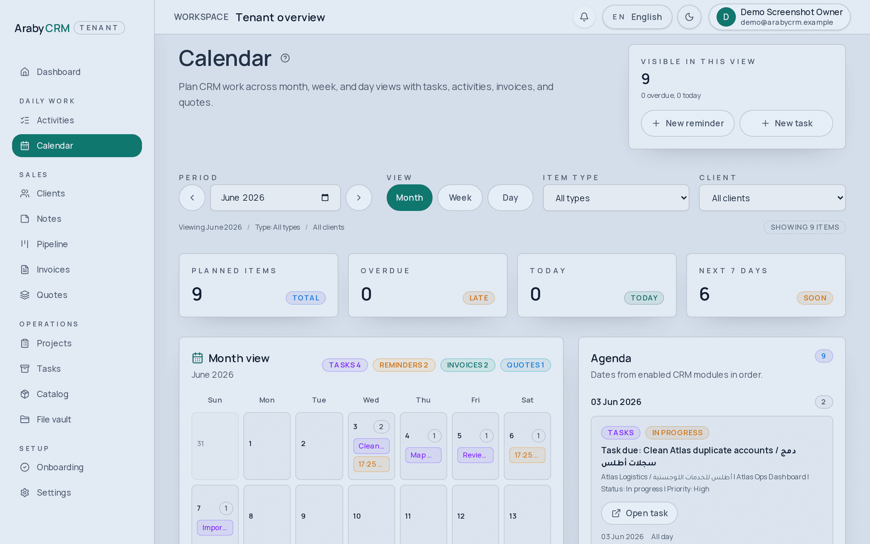 Monthly calendar showing tasks and reminders