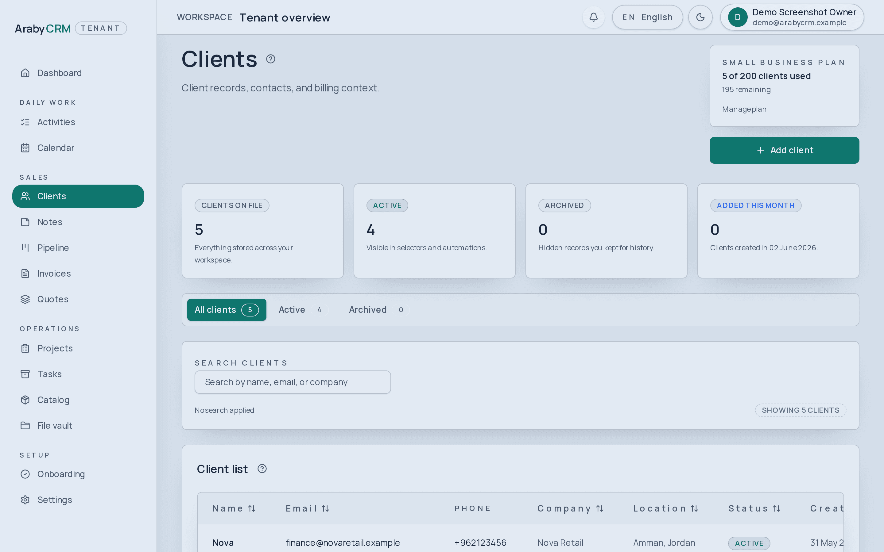 Client list with status badges and quick filters