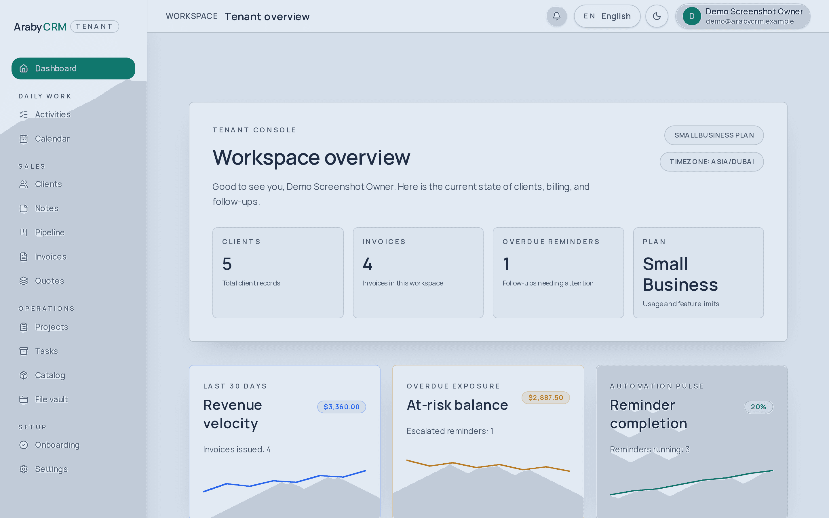 ArabyCRM dashboard showing revenue, pipeline, and tasks