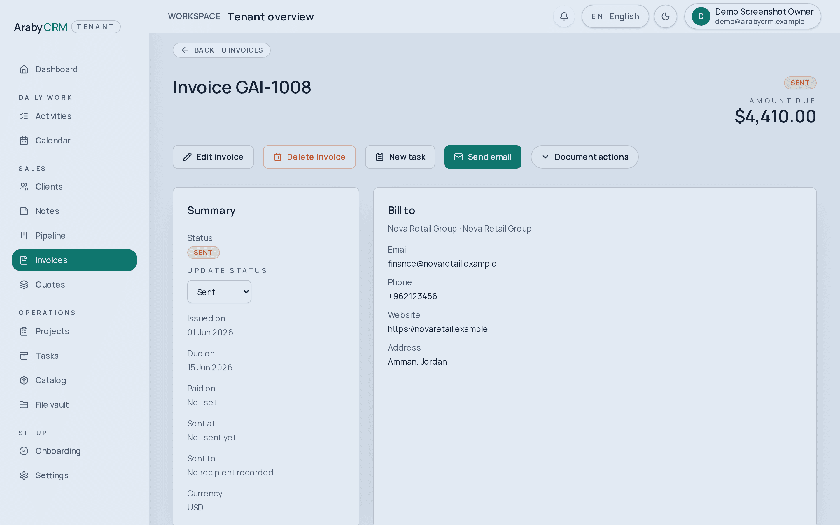 ArabyCRM invoice detail page rendered in English