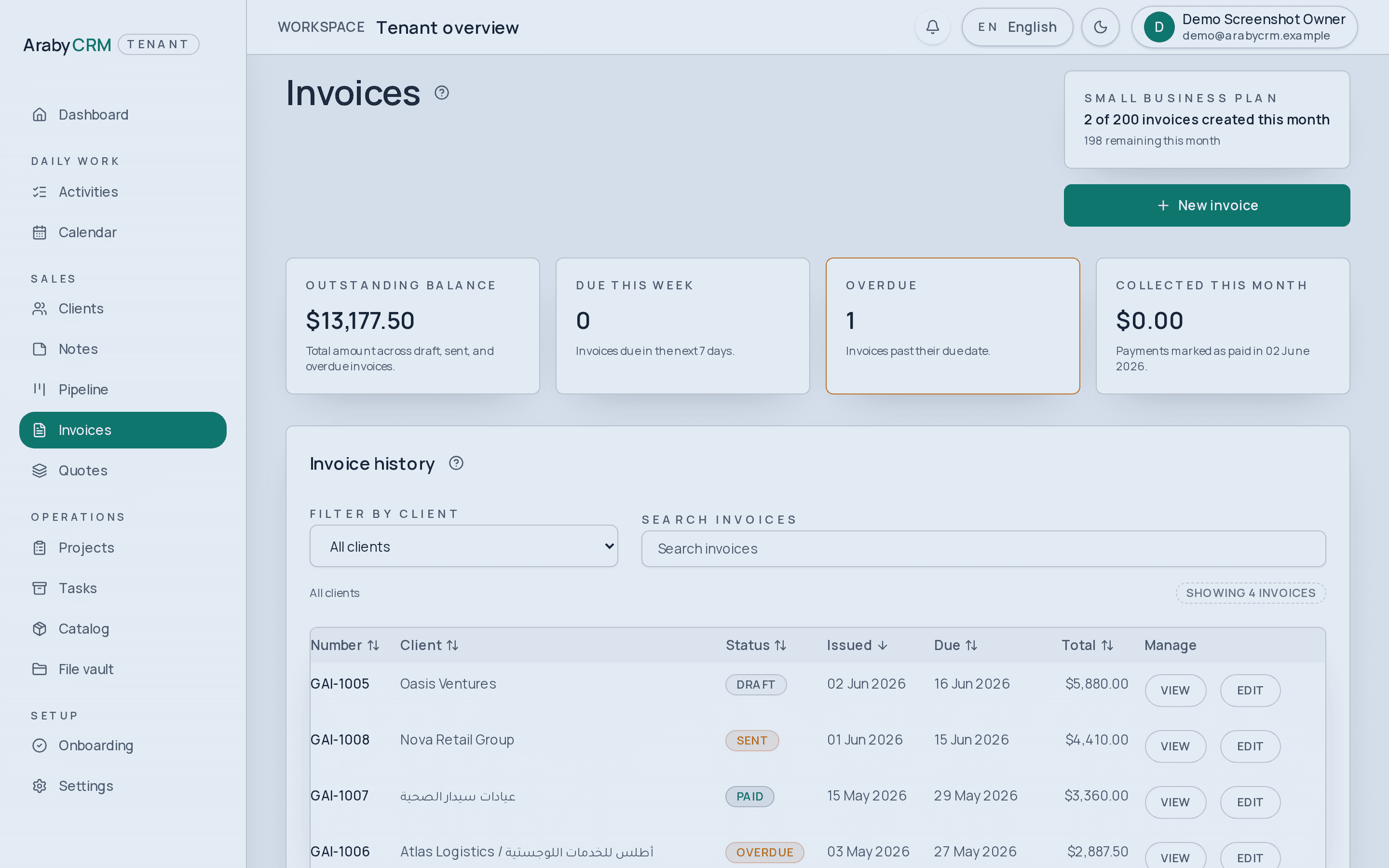 Invoices list showing outstanding and paid amounts