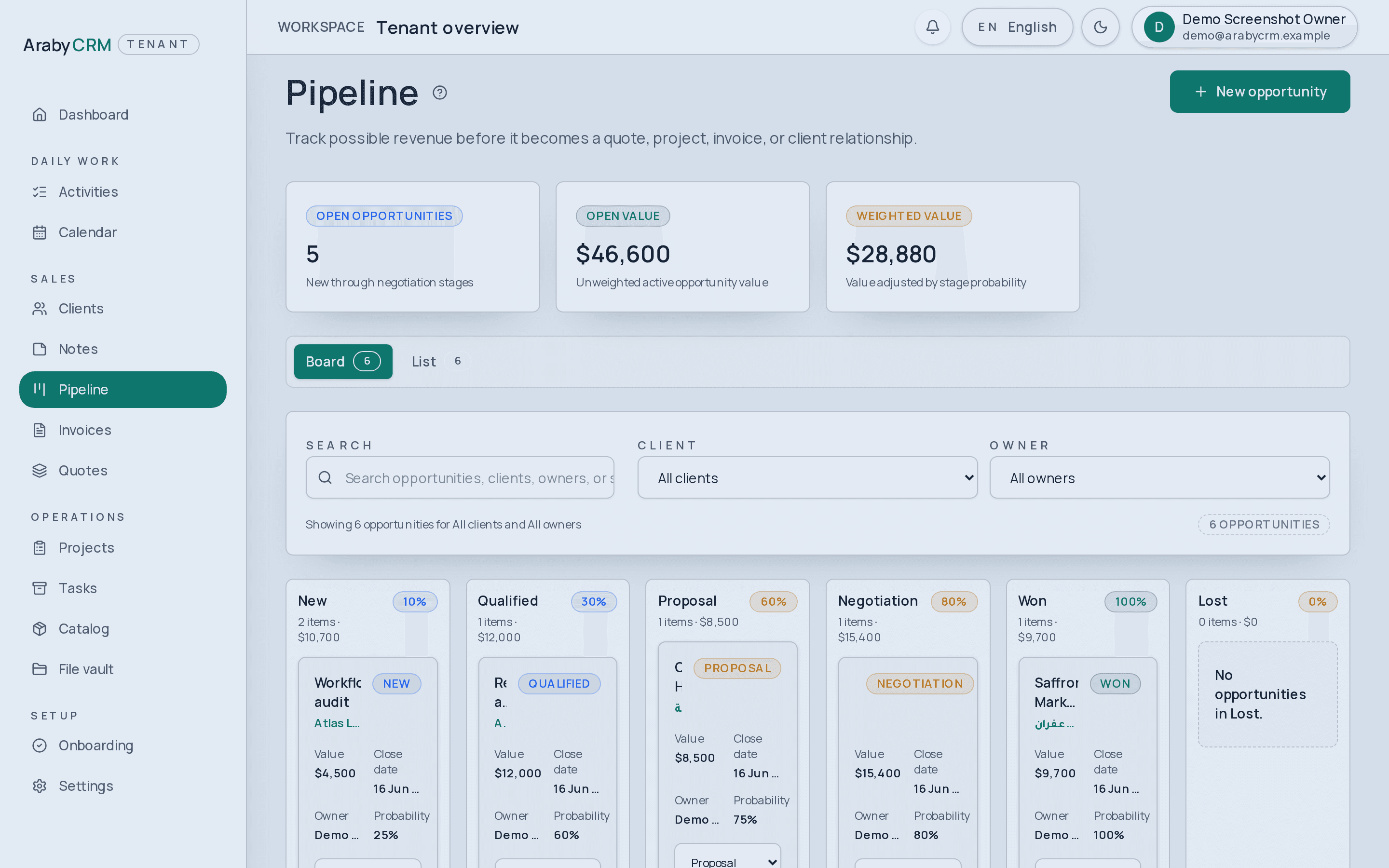 Sales pipeline Kanban with stages and amounts