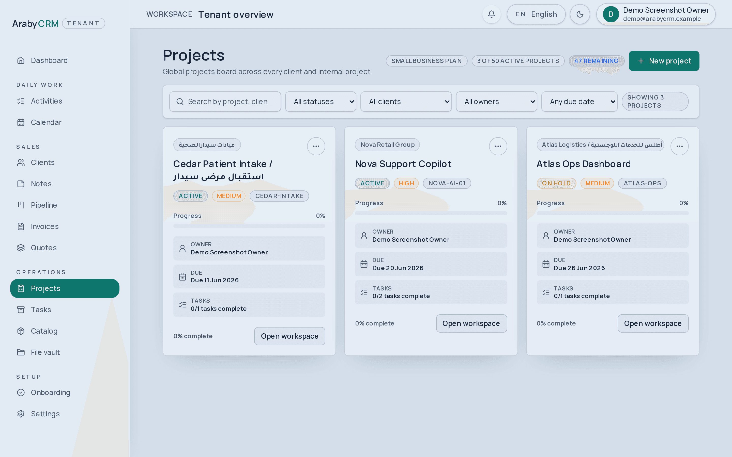 Projects board showing status and progress