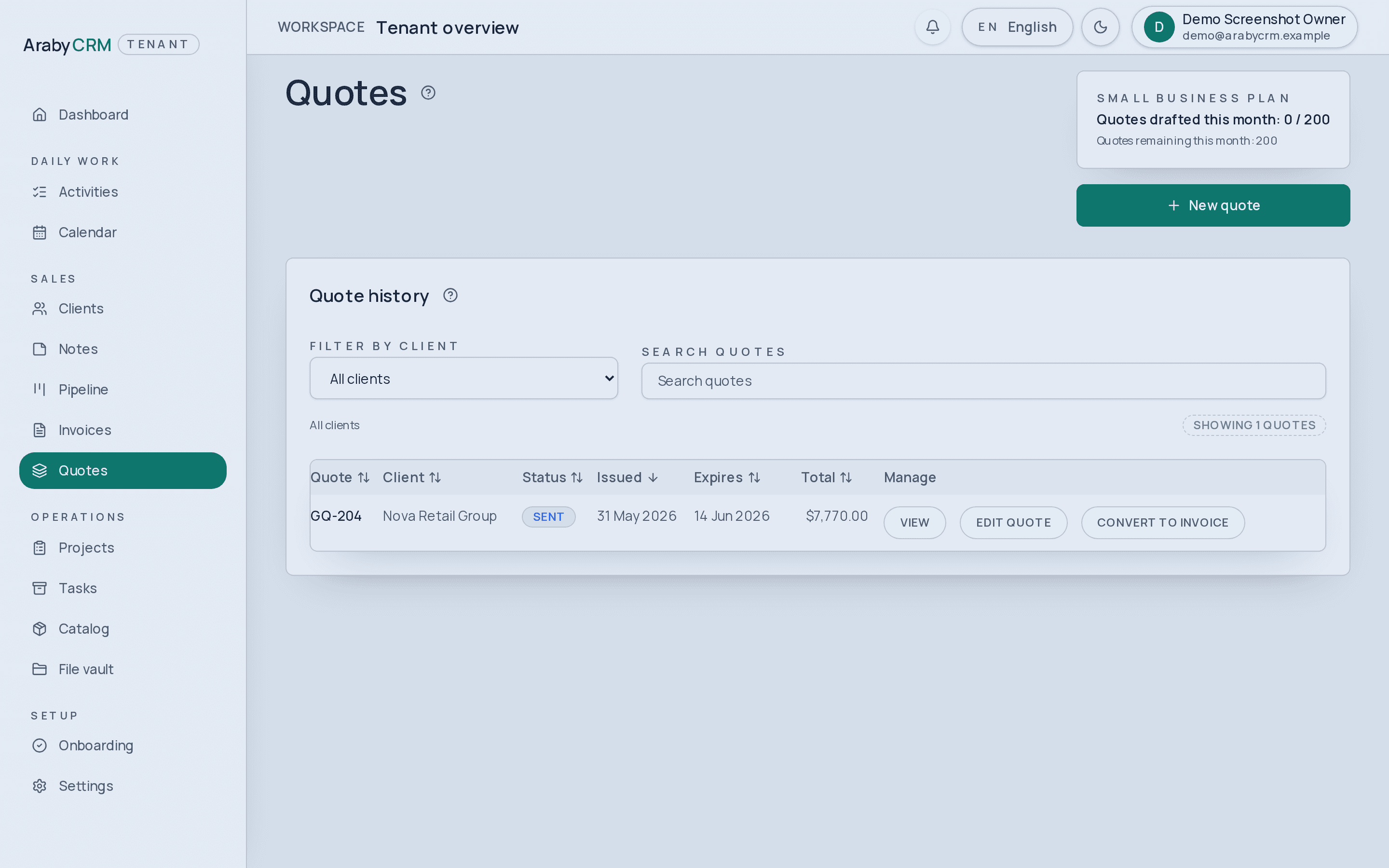 Quotes list showing draft, sent, and accepted status