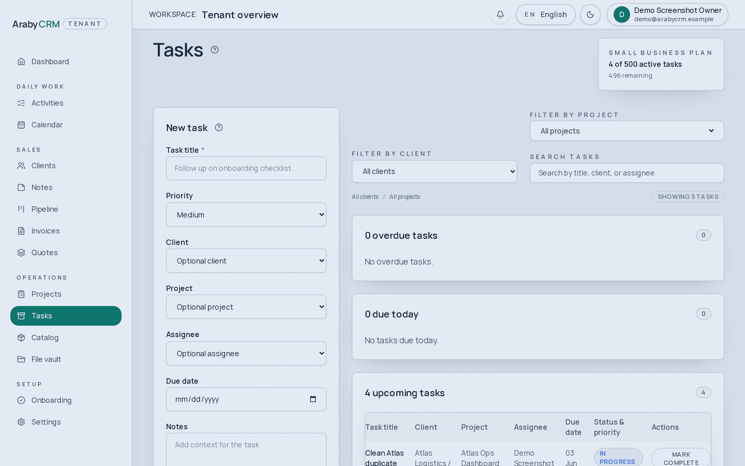 Task list showing assignees, due dates, and status